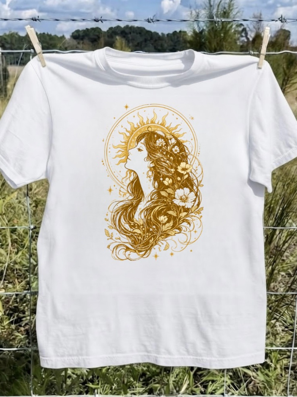 White Goddess Profile with Flowers Sun Halo TShirt